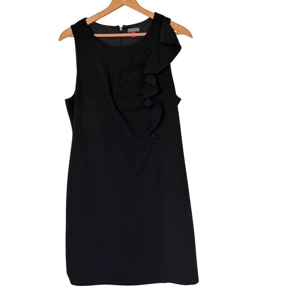 Vince Camuto Shift Dress Womens 16 Black Ruffle Front Sleeveless Round Neck Zip